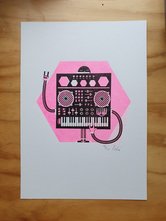Synthi in neon pink - A4 2 colour screenprint - by Peski Studio