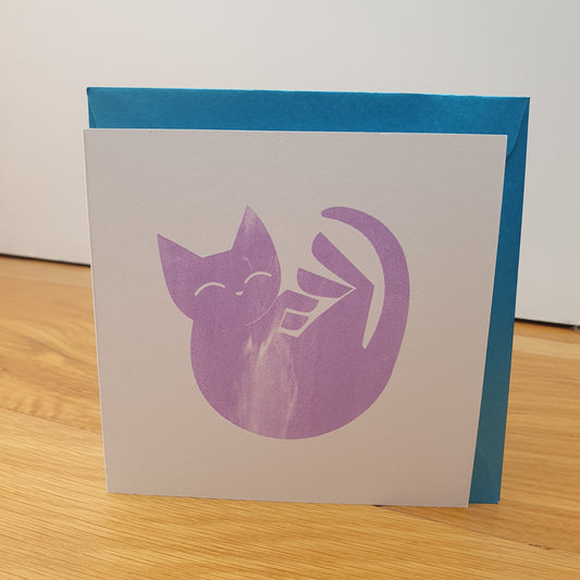 Kitten nap - 1 screen printed greetings card - by Peski Studio
