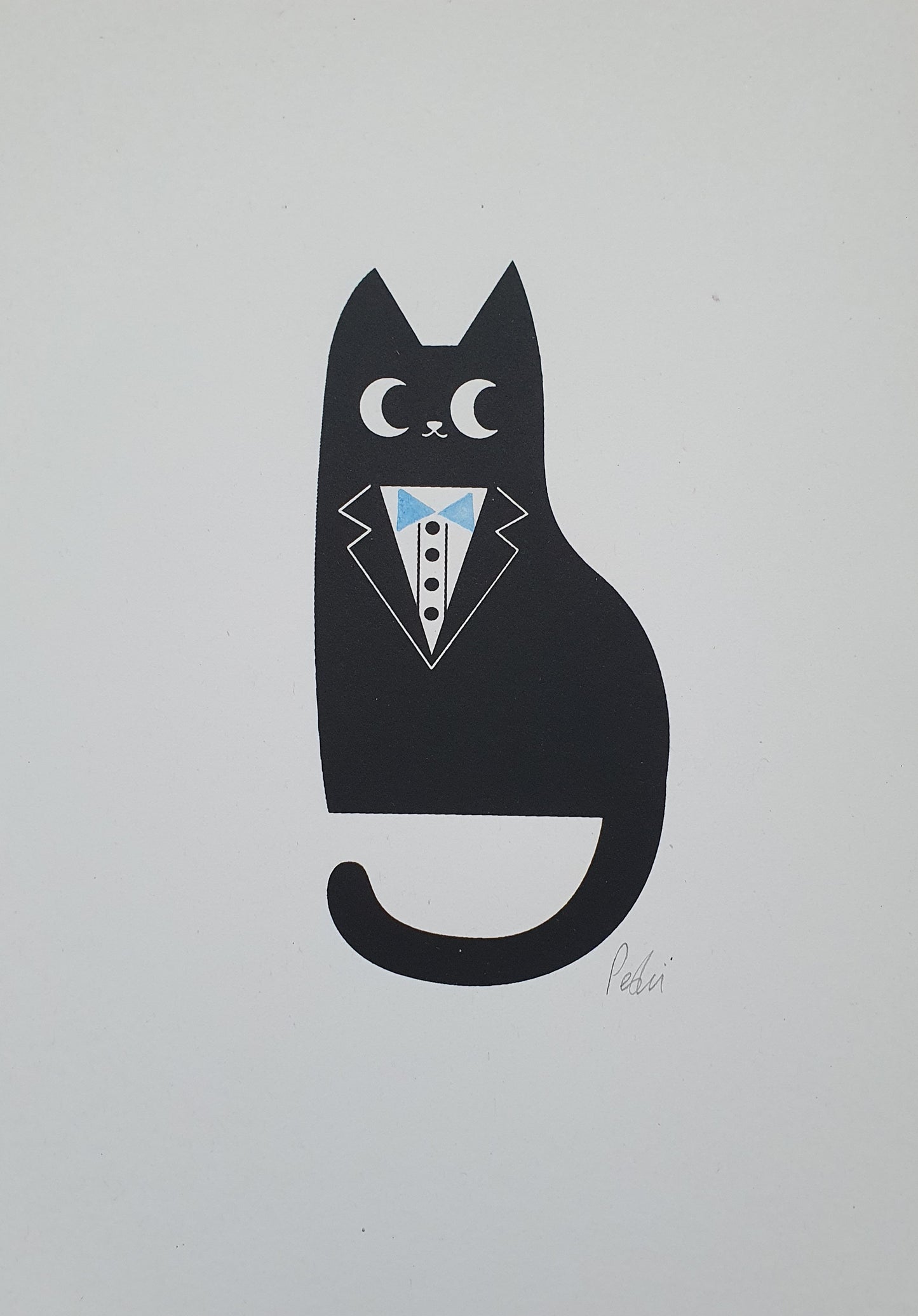 Tuxedo Cat (blue) - A4 screenprint - by Peski Studio