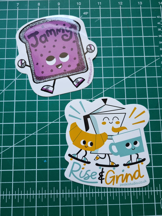 Rise and Grind AND Jammy stickers - skate sticker vinyl sticker - by Peski Studio