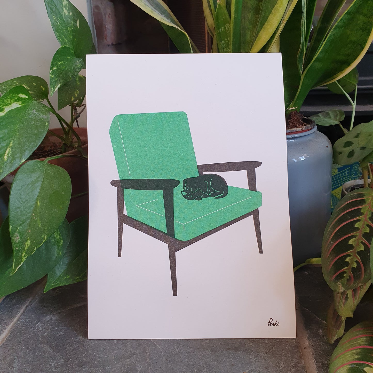 Puppy Nap in green - A4 RISO print - by Peski Studio