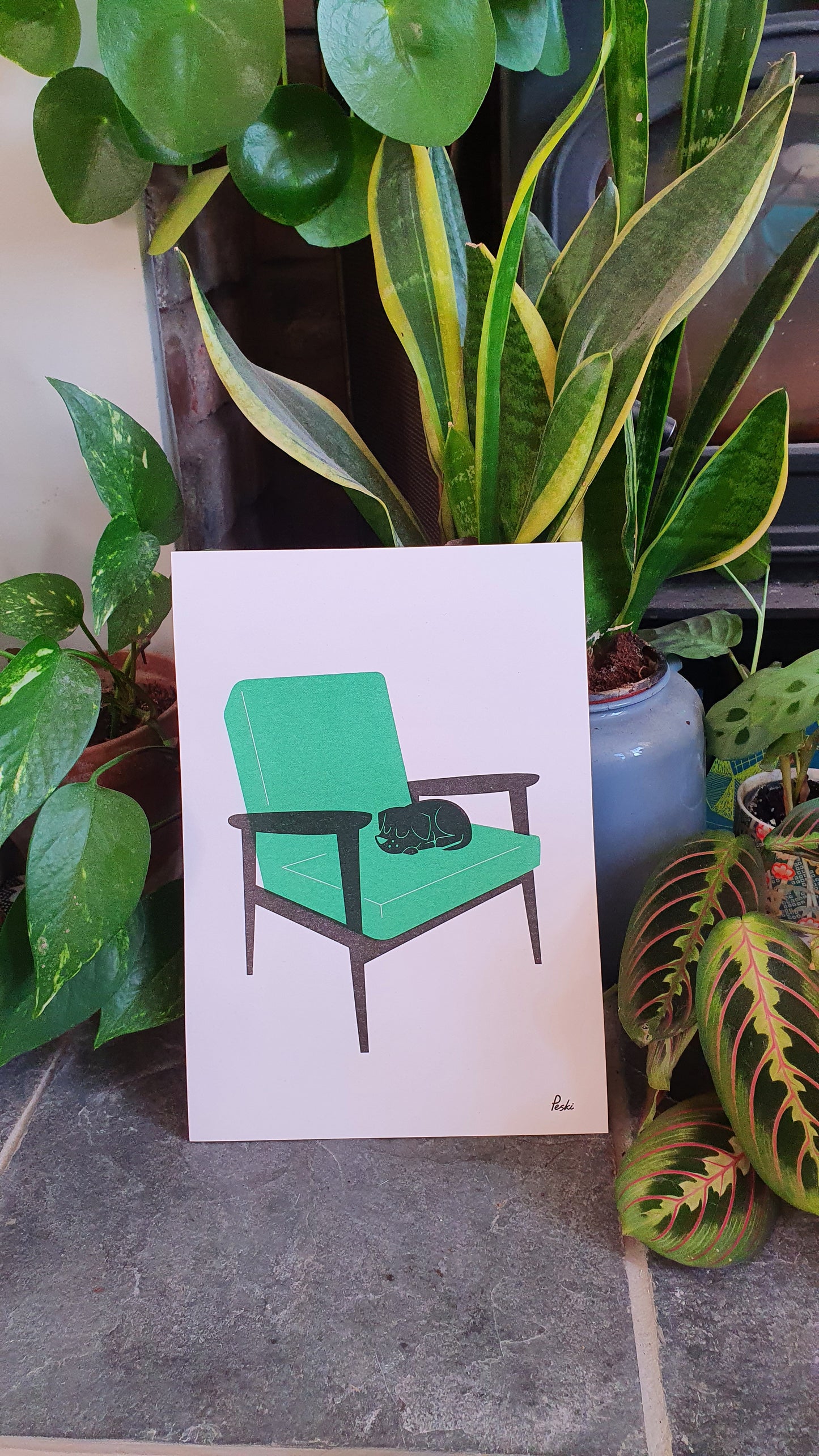 Puppy Nap in green - A4 RISO print - by Peski Studio