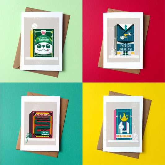 SALE * Tea Boxes set of 4 Greetings Card - Plus 2 free! - by Peski Studio