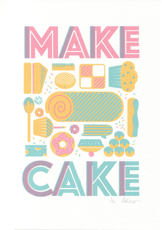 Make Cake A4 - 3 colour Screen Print by Peski Studio