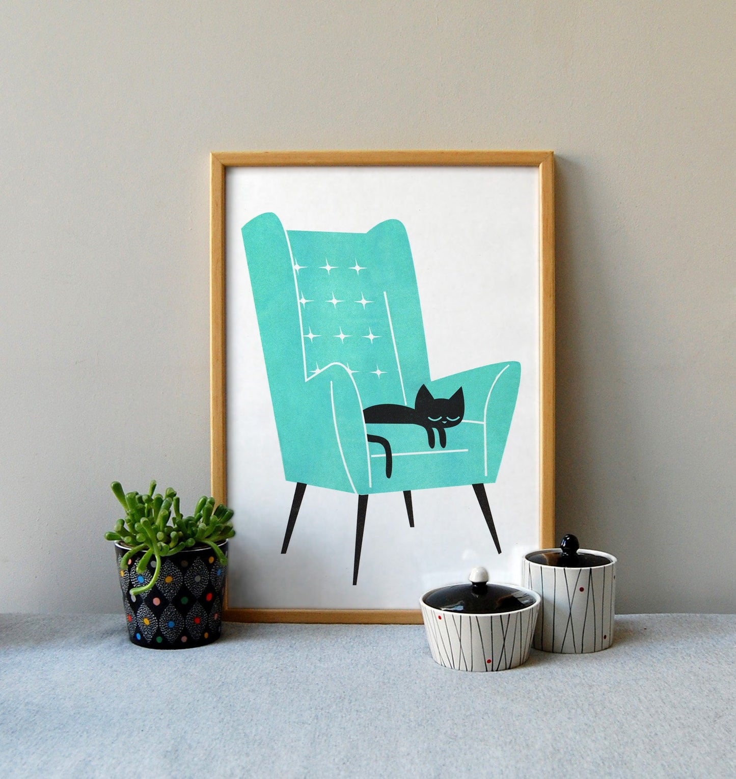 Cat Nap Arm Chair in Green - A3 RISO print by Peski Studio