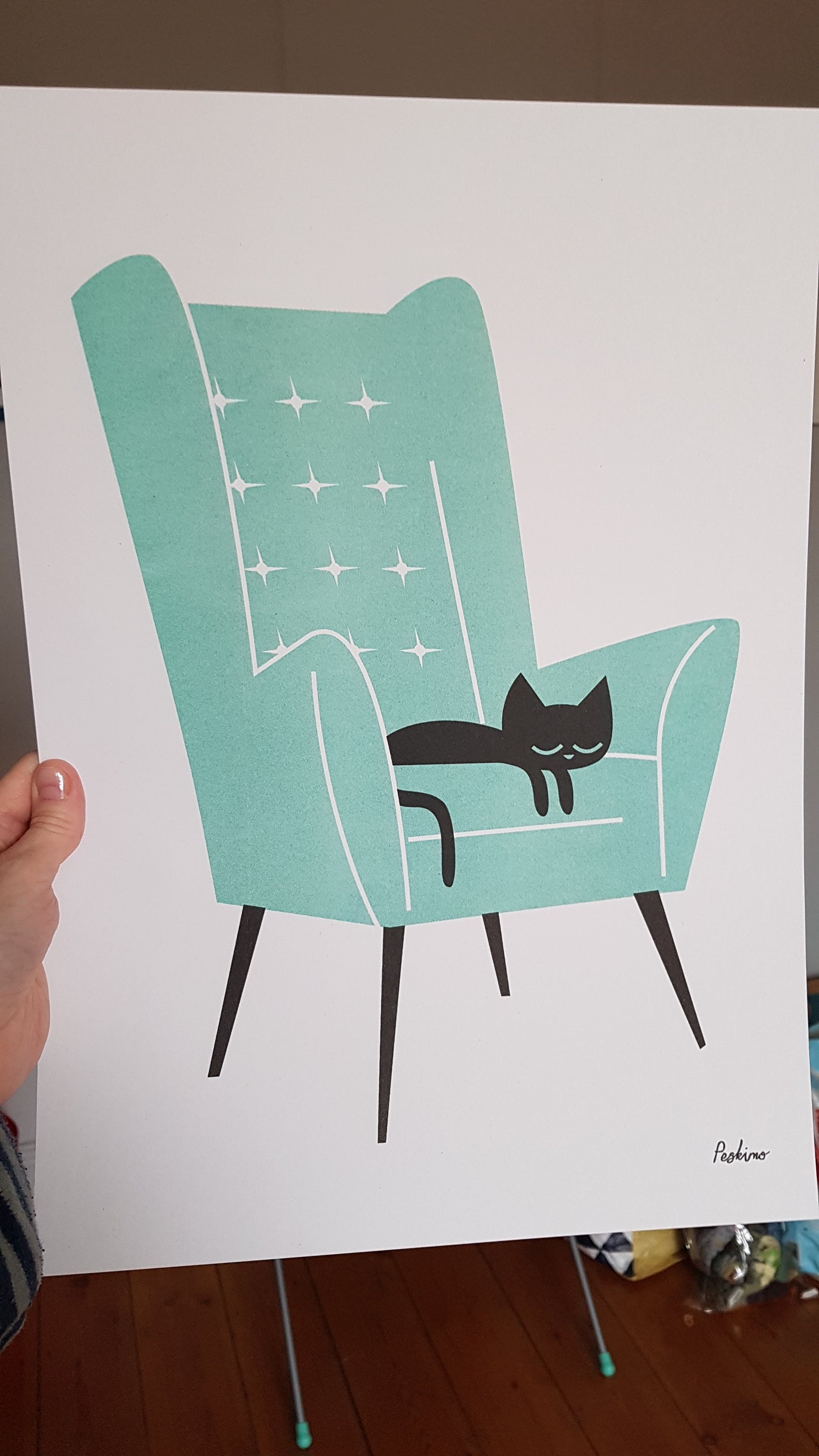 Cat Nap Arm Chair in Green - A3 RISO print by Peski Studio