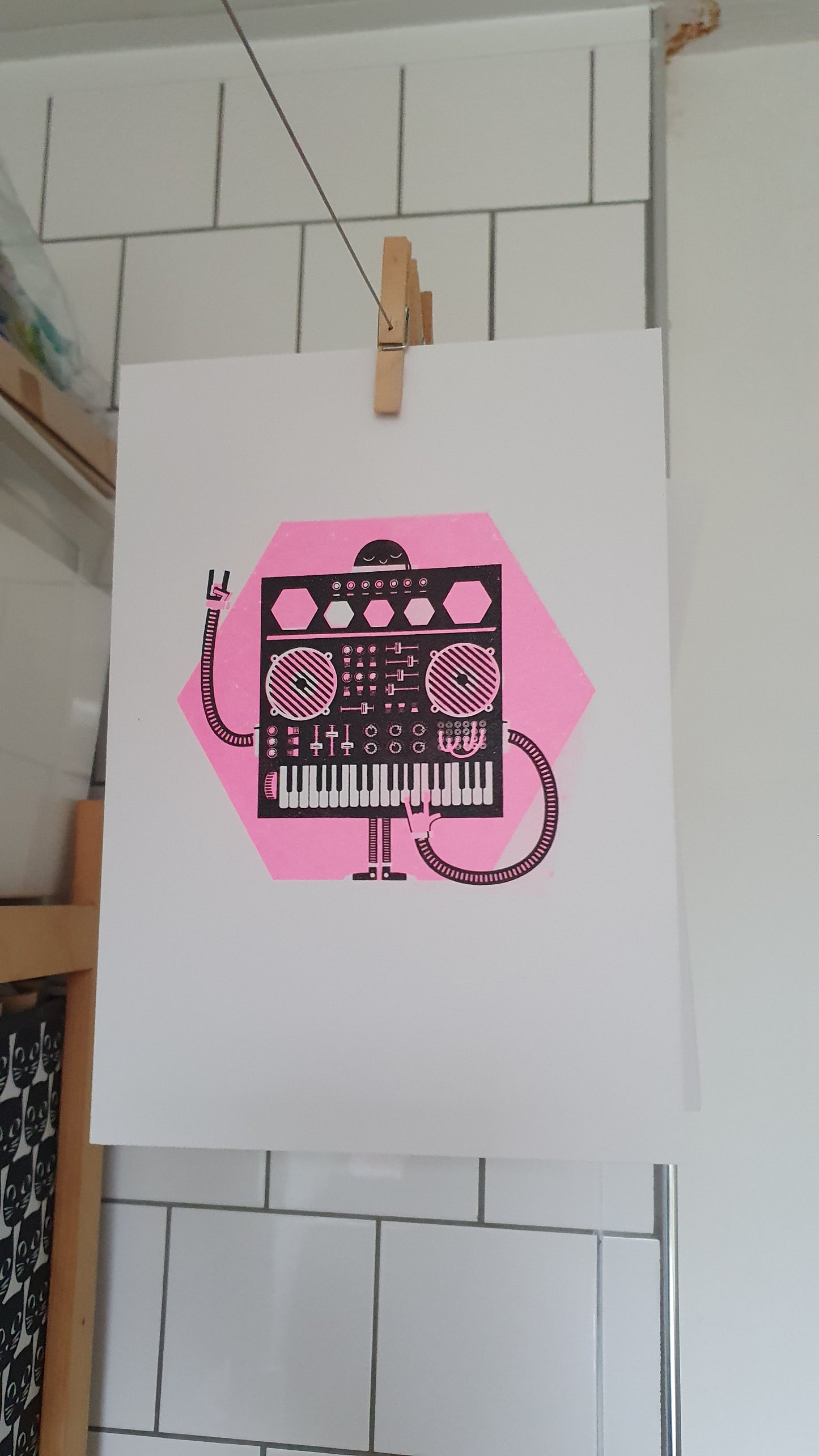 Synthi in neon pink - A4 2 colour screenprint - by Peski Studio