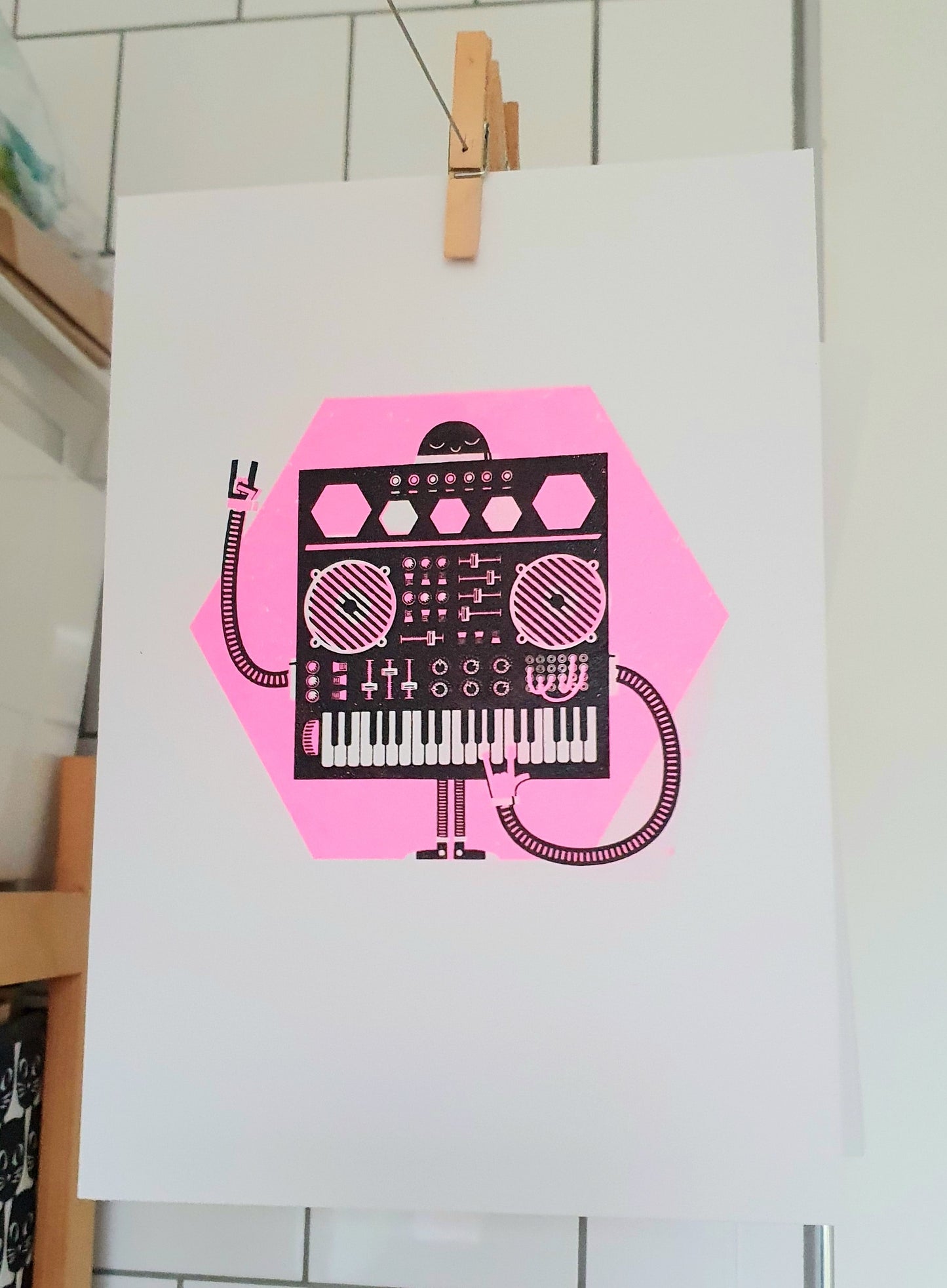 Synthi in neon pink - A4 2 colour screenprint - by Peski Studio