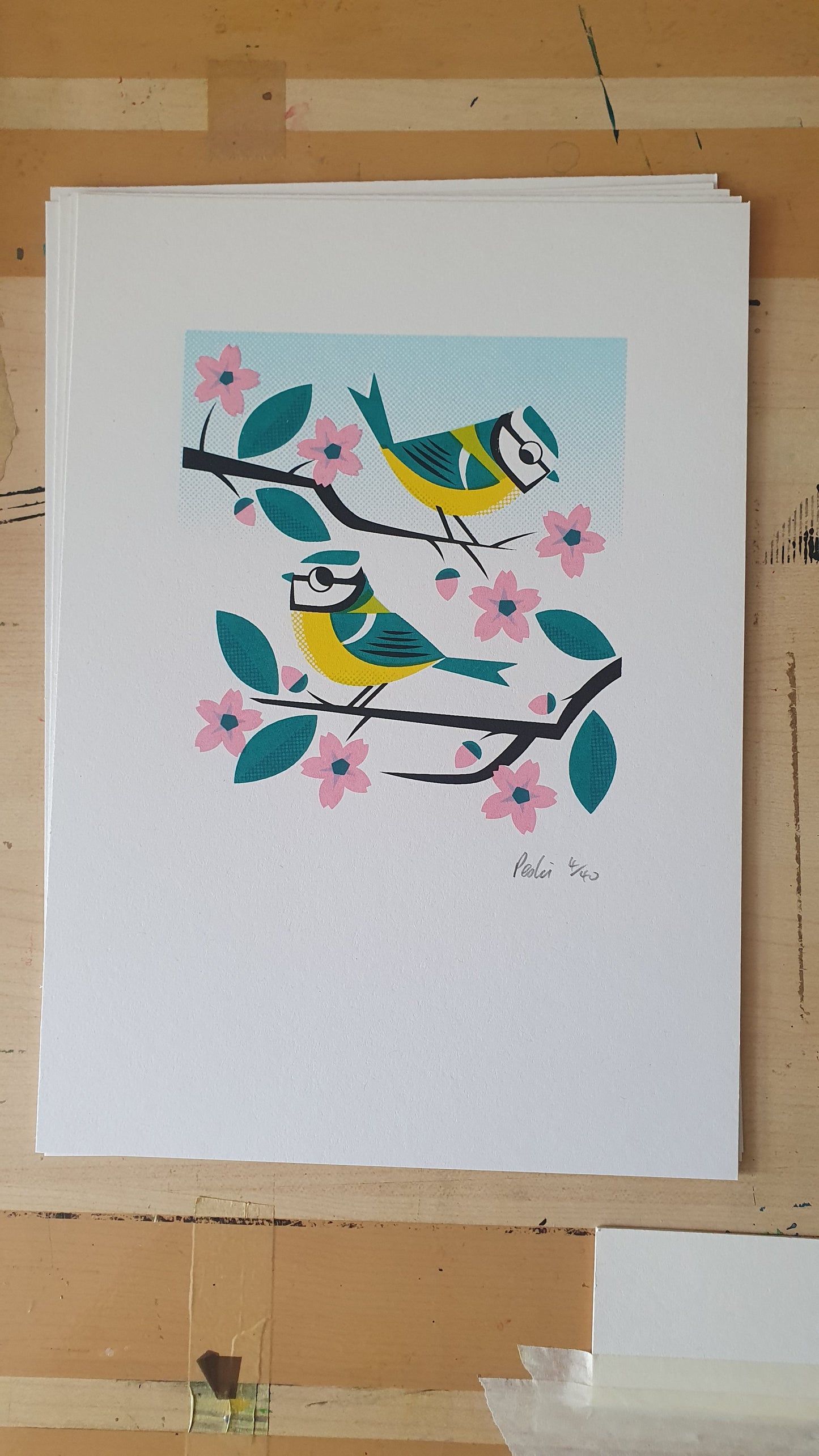 Bluetits - A4 5 colour screenprint - by Peski Studio