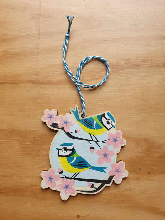 Bluetit bird - wooden hanging decoration