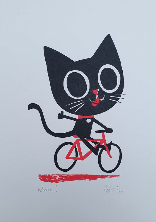 Wheee! Cat - A4 2 colour screenprint - by Peski Studio