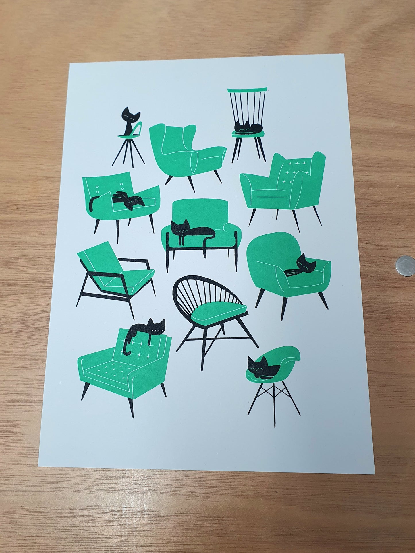 Cat Naps - A4 2 colour screenprint - by Peski Studio