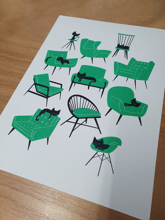 Cat Naps - A4 2 colour screenprint - by Peski Studio