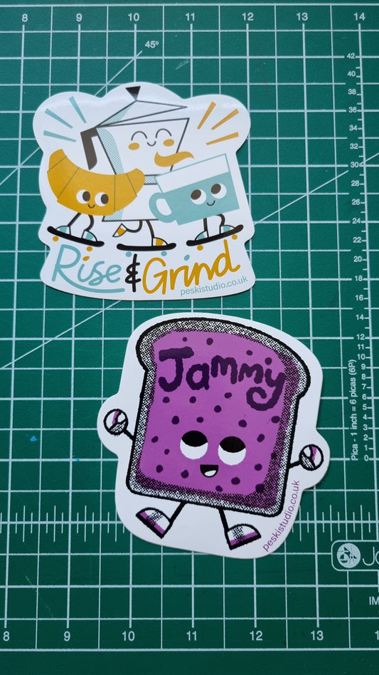 Rise and Grind AND Jammy stickers - skate sticker vinyl sticker - by Peski Studio