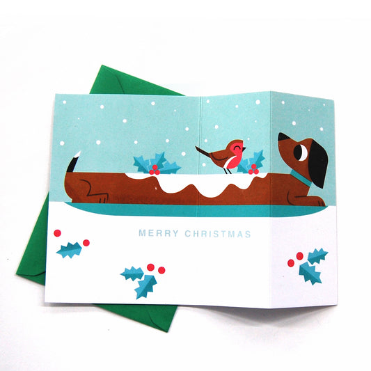Yule Log Sausage Dog - Foldy Card - Christmas Greetings Card - by Peski Studio