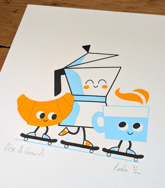 Rise and Grind - A4 3 colour screenprint - by Peski Studio