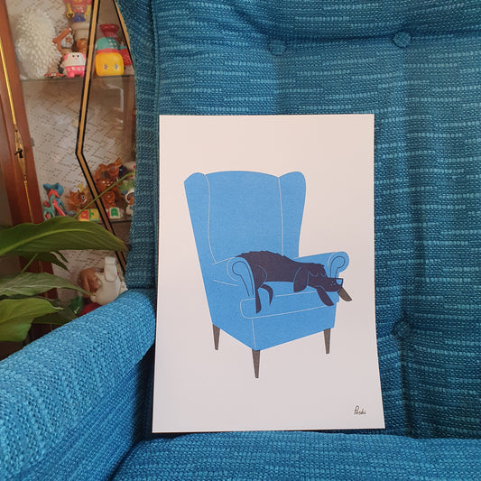 Dog Nap in blue - A4 RISO print - by Peski Studio