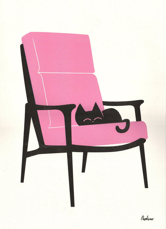 Cat Nap Armchair in Neon Pink- A3 RISO print - by Peski Studio