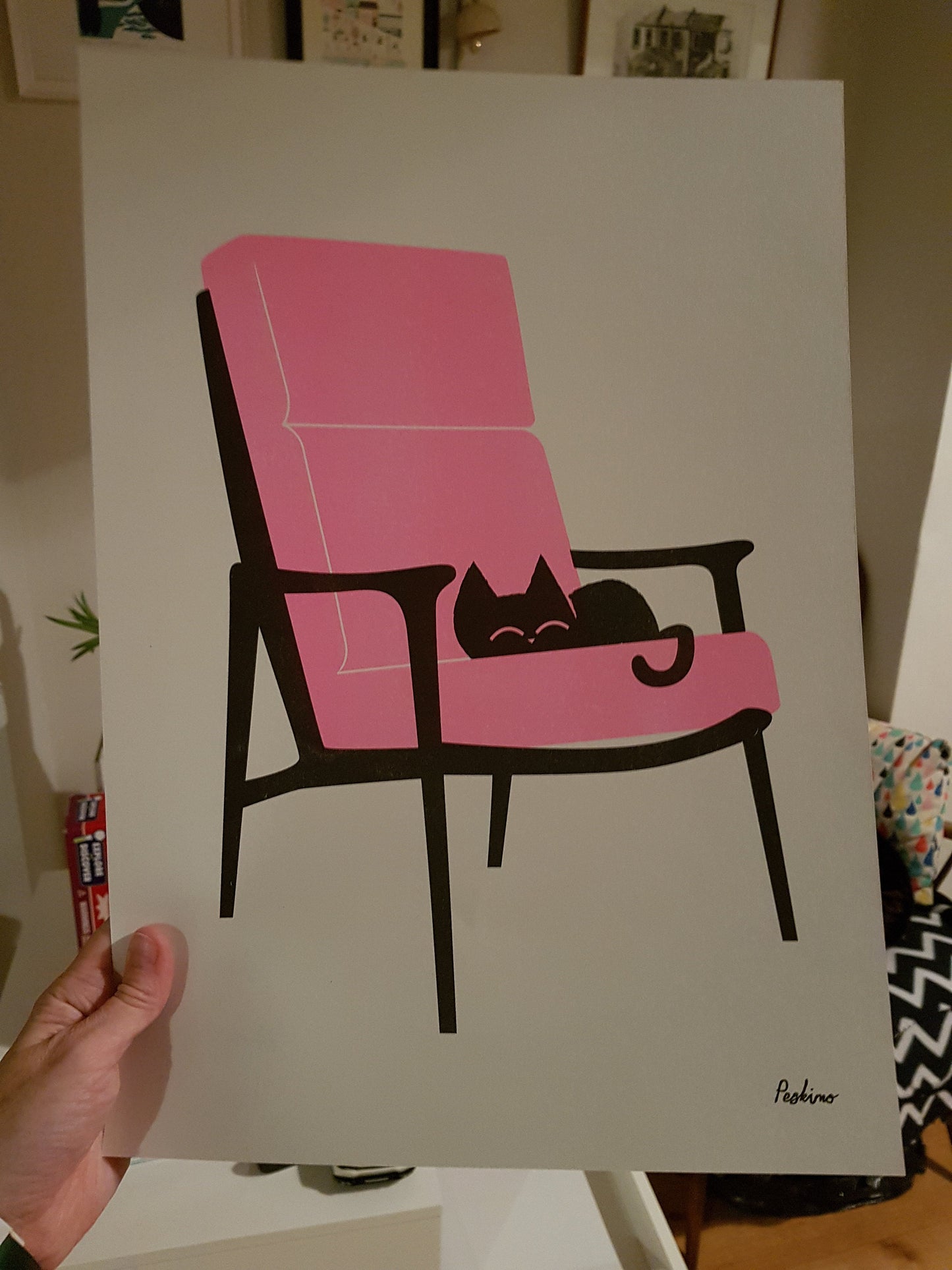 Cat Nap Armchair in Neon Pink- A3 RISO print - by Peski Studio