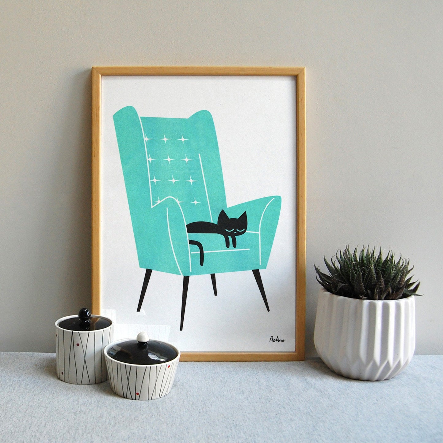 Cat Nap Arm Chair in Green - A3 RISO print by Peski Studio